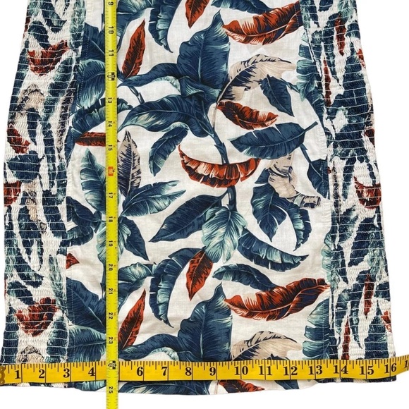 Robin K Sheath Mini Dress Medium White Blue Linen-Cotton Lined Wide Straps Leave - Picture 16 of 16